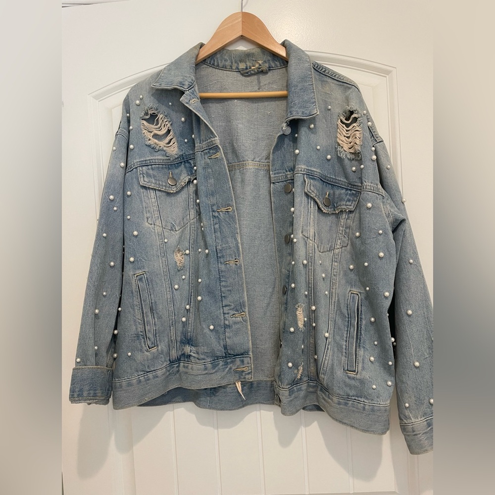 Free people faux pearl distressed jean jacket